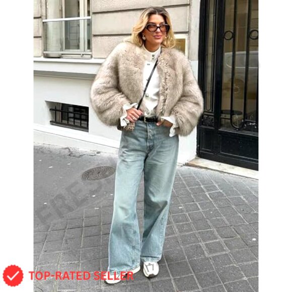 Cropped Faux Fur Jacket Open Front Fluffy Winter Coat Women's Outerwear - Picture 5 of 7